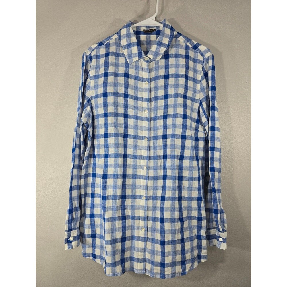 J.McLaughlin Button Down Shirt Size XL Blue gingham plaid 100% Linen coastal AF